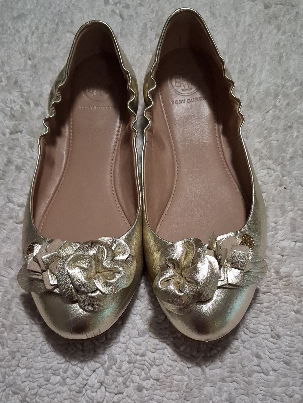 Tory Burch Metallic Gold Floral Leather Ballet Flats